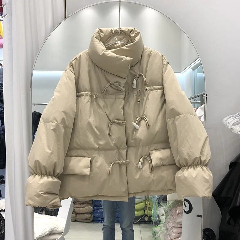 Down Jacket Women's New Autumn Winter Butter Green Elegant Horn Button Loose Down Cotton Stand Collar  Thermal Jacket 2023 New