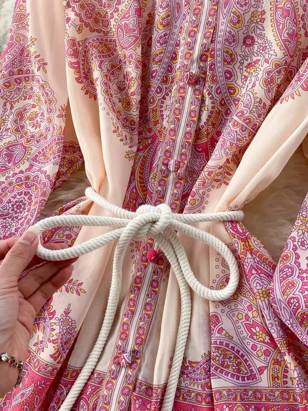 New Autumn Holiday Pink Maxi Dress abbigliamento donna Turleneck Long Lantern Sleeve Flower Retro Print Belted Chiffon abiti larghi