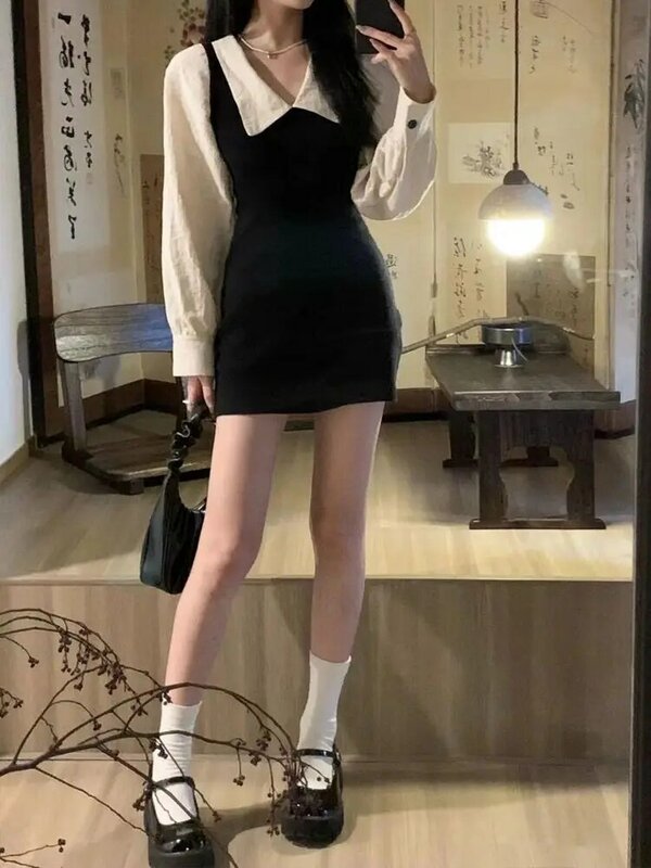 Preppy Mini sukienki z długim rękawem dla kobiet koreański styl mody śliczne Sexy kołnierz piotruś Pan linii fałszywe 2 sztuk Casual Vestidos Chic