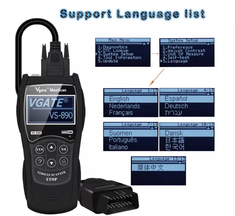 Vgate Vgate أداة ماسح تشخيصي OBD2 ، قارئ رموز السيارة متعدد اللغات ، Vgate V890 ، vvus ، CAN-BUS ، الأحدث ،
