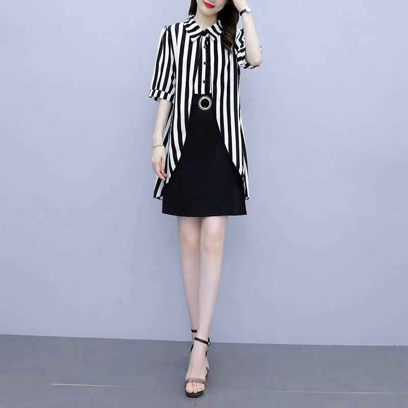 女性用半袖ミディドレス,韓国のオフィスウェア,ストライプのパッチワーク,ポロシャツの襟,シンプルで偽のツーピース