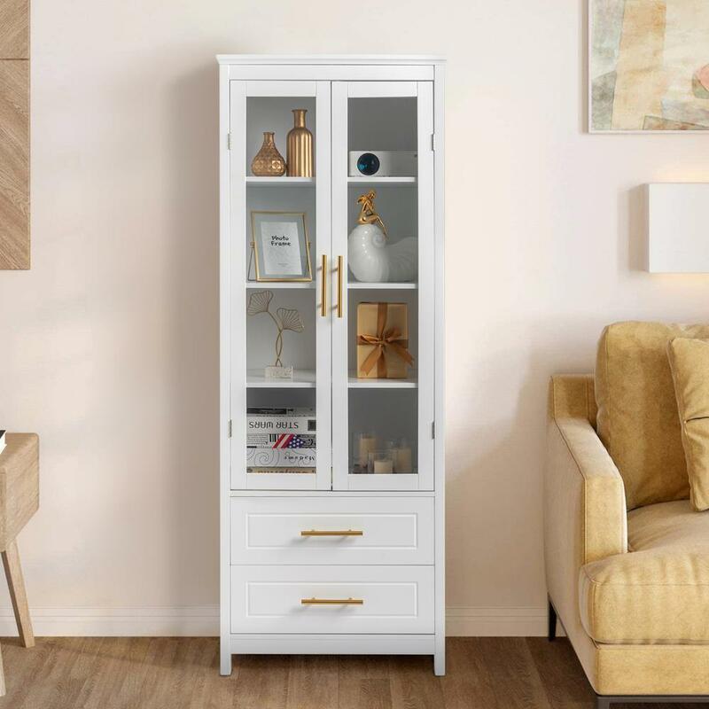 Floor Standing Display Cabinet com 2 gavetas, armazenamento Bookshelf, porta de vidro