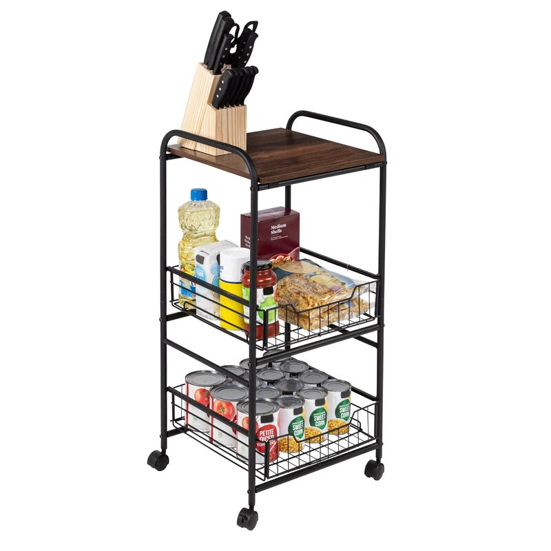 Honey-Can-Do 3-Tier Rolling Kitchen Storage Cart with 2 Metal Basket Drawers, Black/Brown