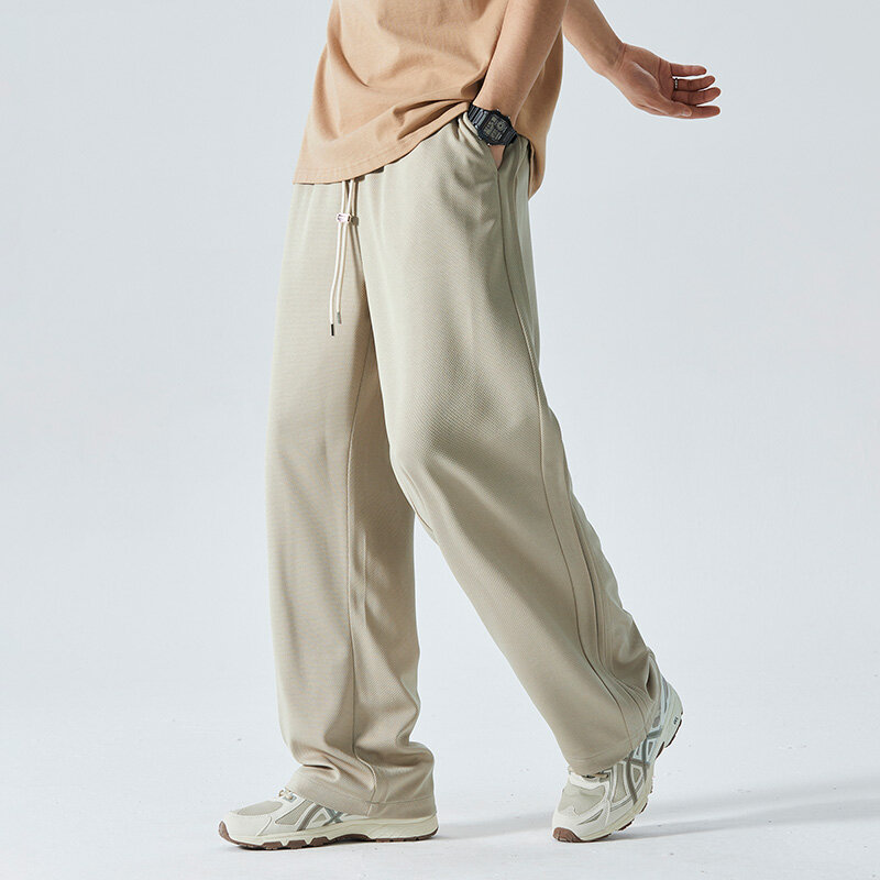 Letnie męskie spodnie z szerokimi nogawkami 100% poliester Casual spodnie chroniące przed słońcem proste spodnie do biegania wysokiej jakości spodnie z prostymi nogawkami