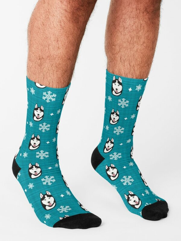 Husky on Winter Holiday Pattern(blue) Socks christmas gift kawaii Women's Socks Men's