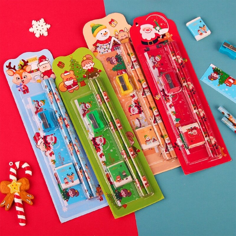 8 Sets Christmas Stationery Set Christmas Gift for Kid Student, Including Christmas Pencils, Erasers, Rulers, Dropship