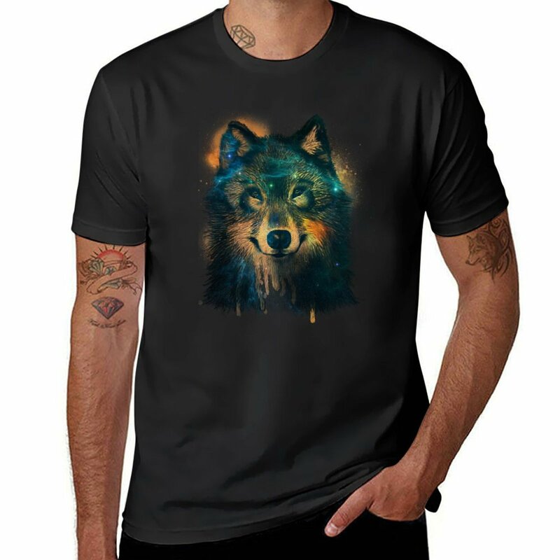 T-shirt de secagem rápida masculina, Lobo Galáxia, Roupa Kawaii, T-shirt engraçada