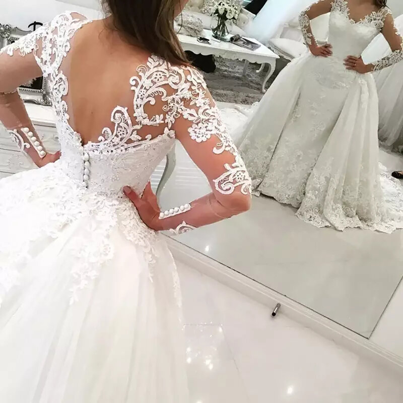New 2 in 1 Arabic Amazing Detachable Train Mermaid Wedding Dress Long Sleeve Lace Bridal Wedding Gowns