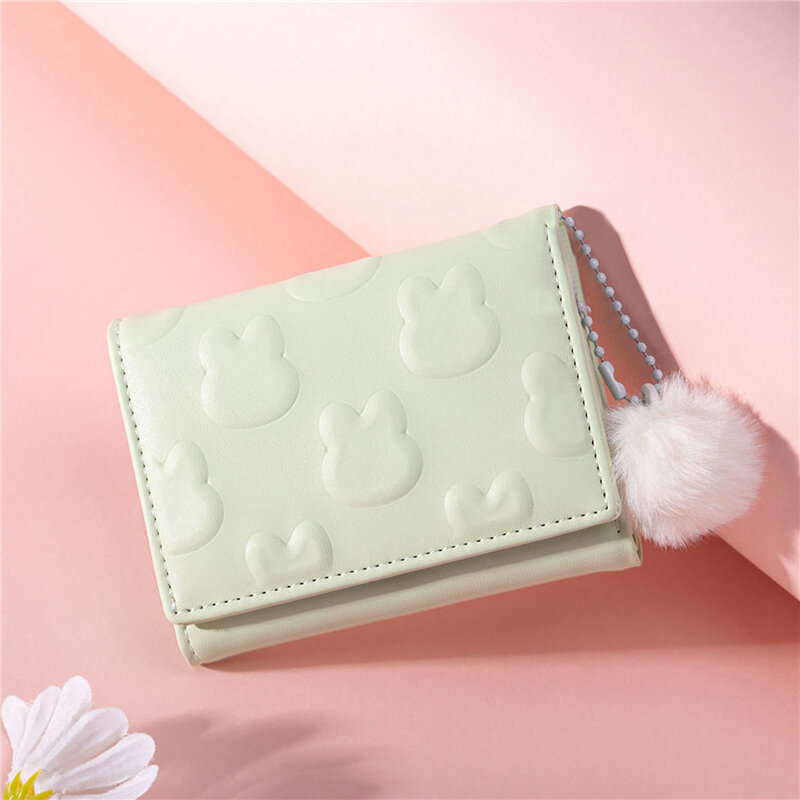 PU Leather Card Bag Women's Money Clip Solid Color Rabbits Imprinted Short Coin Wallet Three Fold Multi-card Slot Credit Card
