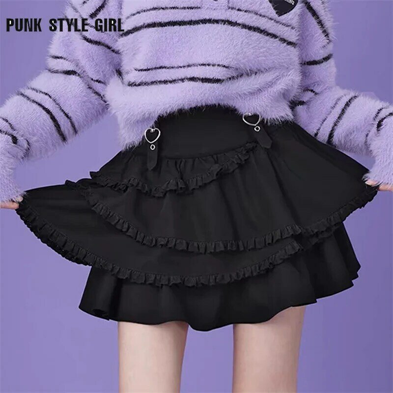 Minifalda de estilo japonés para mujer, falda con volantes, cintura alta, retales, Lolita, Fairycore, Kawaii, color negro, 2024