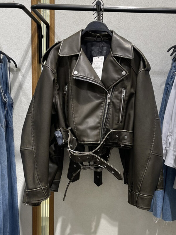 Женская Байкерская короткая куртка LY VAREY LIN, винтажная уличная куртка из искусственной кожи на молнии с отложным воротником и поясом для весны и осени