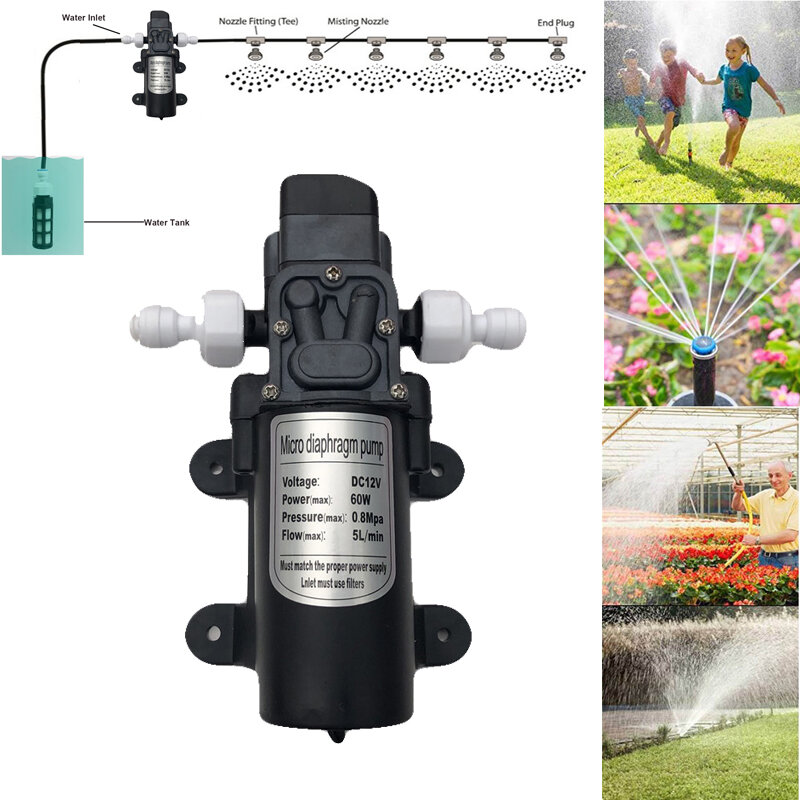 Pompe à brouillard 12V DC 110 PSI, pompe à eau auto-amorçante avec adaptateur d'alimentation pour piscine jardin système d'irrigation par pulvérisation