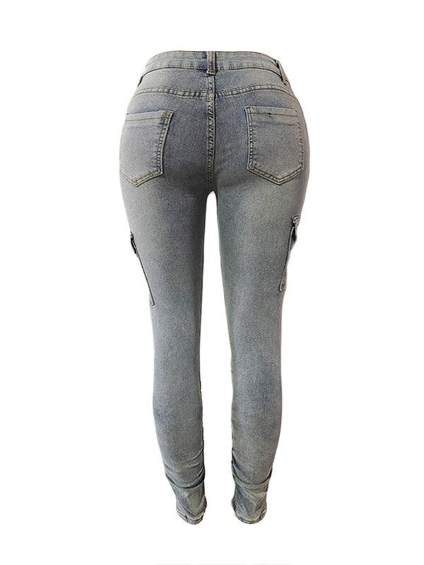 LW-pantalones vaqueros lisos con bolsillos laterales apilados para mujer, Jeans Cargo elásticos altos plisados, estética Vintage Harajuku Y2K
