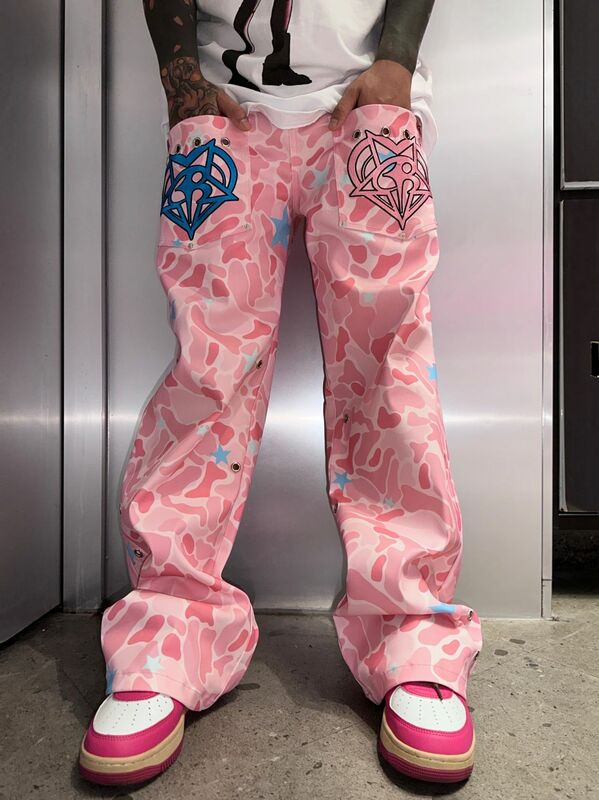 Artesanato pesado, calça jeans bordada com camuflagem masculina, calça reta de pernas largas, calça street hip hop, unissex, novo senso de design, rosa, 2023