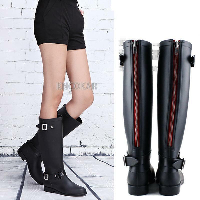 Rainboots wodoodporne płaskie buty damskie czarne wodne modne Zip kalosze wysokie zamki antypoślizgowe damskie PVC wygodne