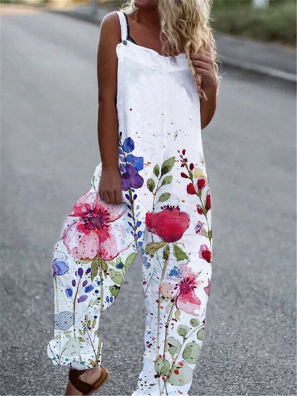 Women's European and American summer new bamboo knot cotton printed long wide leg jumpsuit