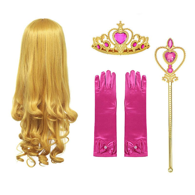 Disney-Conjunto de joyería de corona de varita de guantes de princesa de la Bella Durmiente, peluca Aurora trenzada para vestido de princesa, accesorios de Cosplay