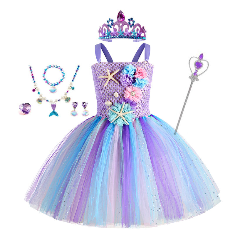 Girls' Mermaid Tutu Dress, Under the Sea Theme, Birthday Party, Carnival Costumes com Flower Headband, Ocean Halloween Dresses, 1-12Y