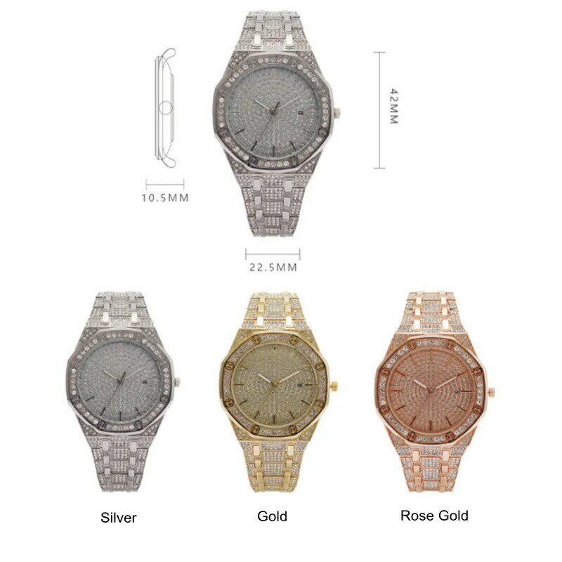 Luxo Diamond Watch para homens e mulheres, Hip Hop, Iced Out, relógios de pulso de quartzo, Data, Top Brand, Moda, Drop Shipping