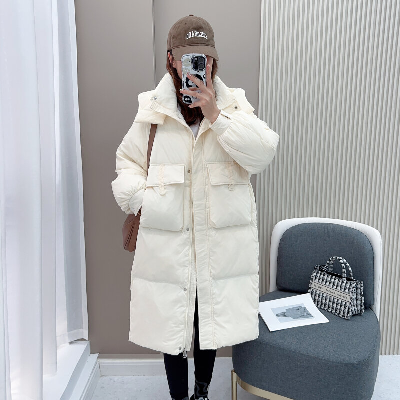 여성용 중간 길이 2023 다운 재킷, 두꺼운 후드 화이트 덕 다운 재킷, 여성 슬림 따뜻한 코트, 한국 패션, 겨울 신상