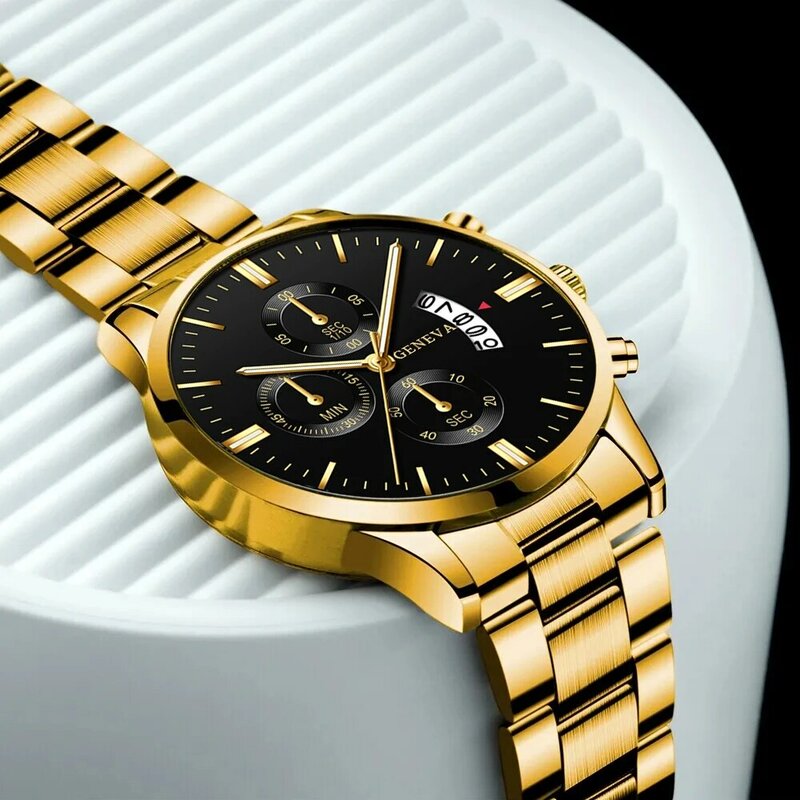 3PCS Set Fashion Mens Business Watches Men Casual Gold Bracelet Necklace Stainless Steel Quartz Wrist Watch Relogio Masculino