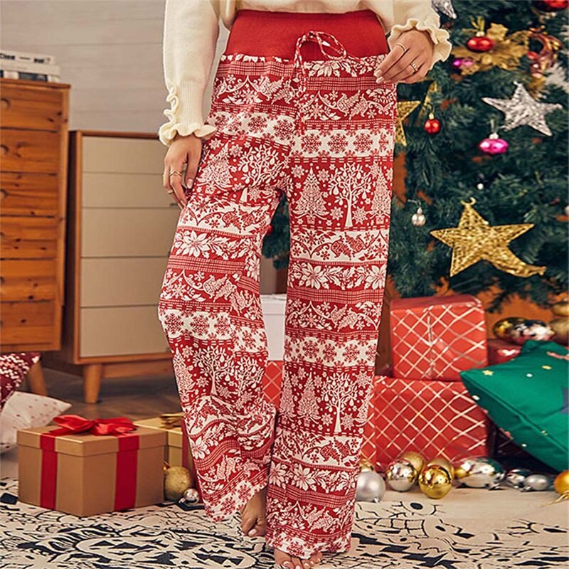 Women’s Christmas Pajama Pants Elastic High Waist Wide Leg Lounge Pants Drawstring Trousers