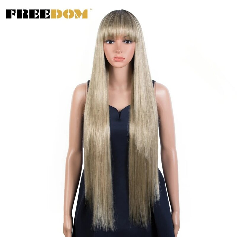 Синтетический длинный прямой парик FREEDOM с челкой, синтетические парики для женщин, белый, фиолетовый парик Омбре, термостойкие волоконные парики для косплея