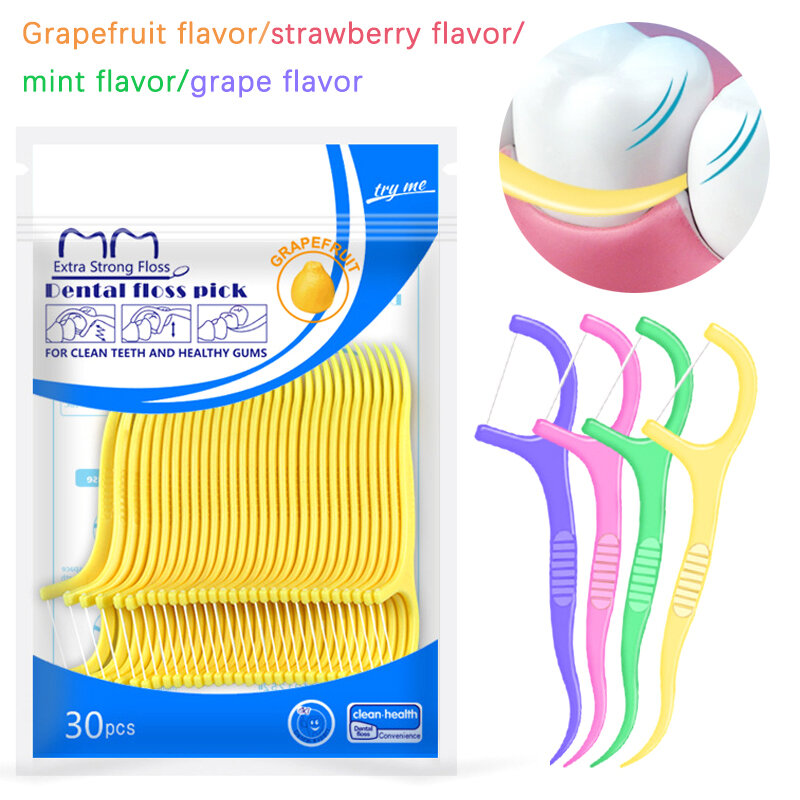 30 pz/borsa colorato sapore di frutta insaccato filo interdentale Pick detergente per denti forza ad alta resistenza denti Stick strumento per la cura dell'igiene orale