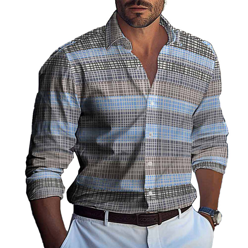Camisa estampada manga longa masculina, colarinho de banda, vestir-se, Fitness, lapela, regular, diário, confortável, novo