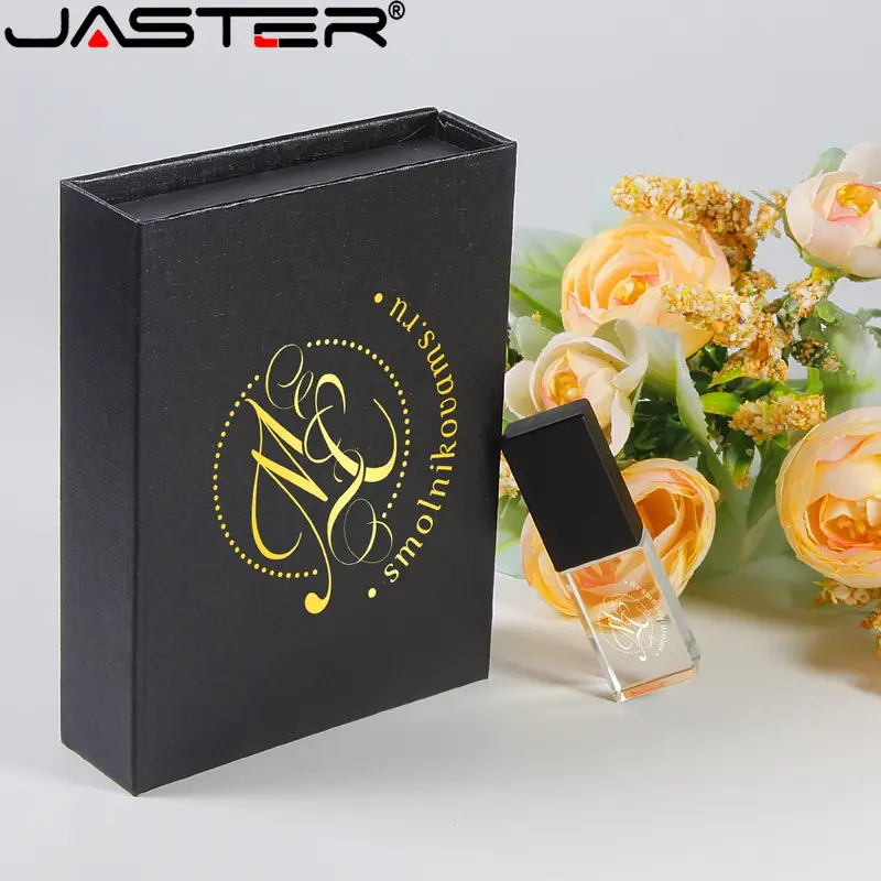 JASTER-محرك فلاش USB كريستالي مع صندوق ورقي ، عصا ذاكرة ، هدية زفاف ، شعار مخصص مجاني ، سرعة عالية ، 8 جيجابايت ، GB ، 64 جيجابايت