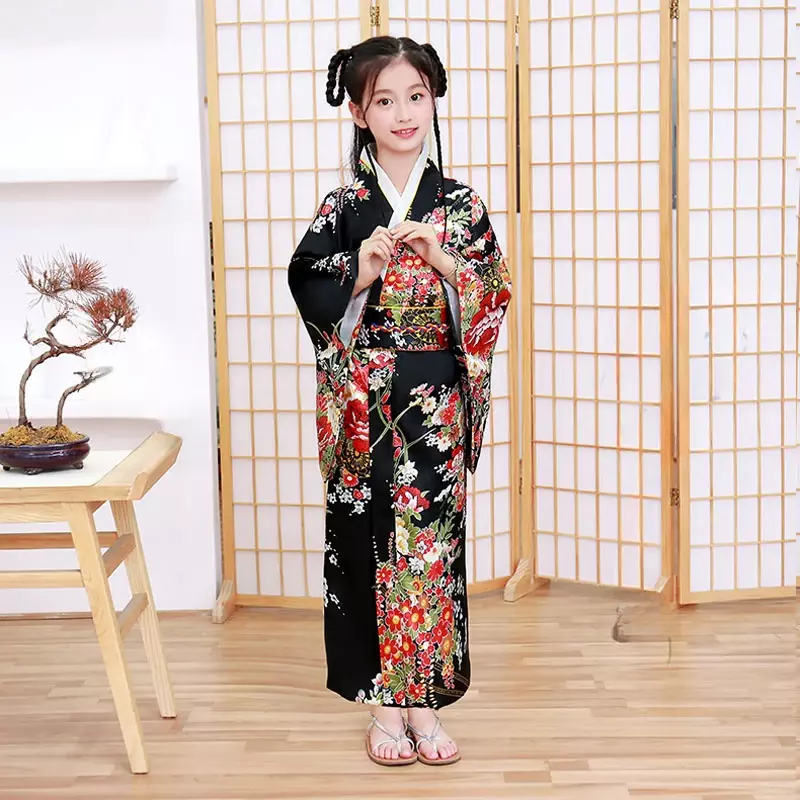 فستان رقص كيمونو للفتيات ، أسلوب عرقي ياباني لطيف ، أزياء عرض زهور مطبوعة عتيقة