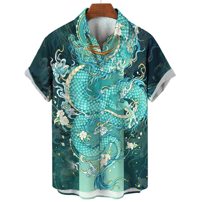 Hawaiianメンズ特大カジュアルシャツ、ドラゴンと虎のプリント、高級ストリートウェア服、半袖ラペル、ヴィンテージ、XS-5XL
