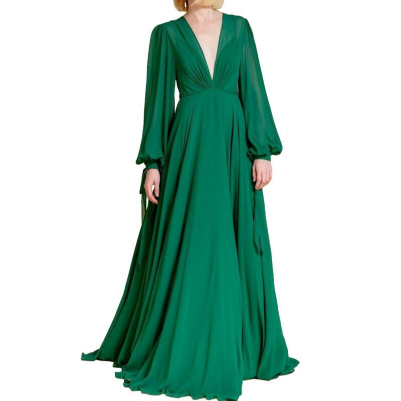 Vestido de noche elegante con cuello en V, manga larga, largo hasta el suelo, gasa verde, vestido de bola acampanado, 2024