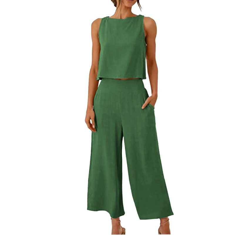 Summer Women's Solid Top Shirt 2 Piece Set Fashion O-neck Sleeveless Casual Elegant Sets 2024 New Elegant Normal Clothing