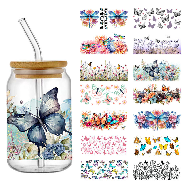 Waterproof Transfer Sticker DIY Pink Butterfly Washable UV DTF Transfer Cup Wraps Stickers Adhesive Clear Jar Bottle Stationery