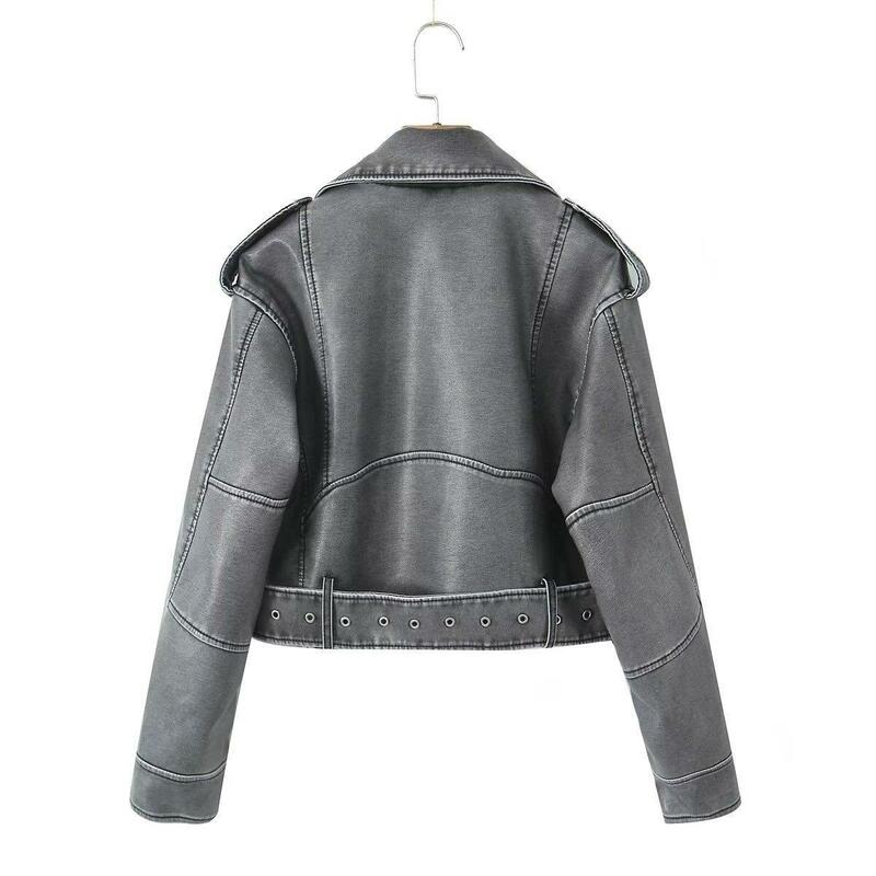 2024 Women Vintage Loose Pu Faux Leather Short Jacket with Belt Streetwear Female Zipper Retro Moto Biker Coat Outwear Tops