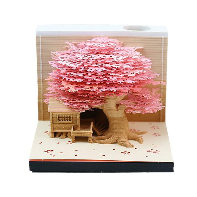 Omoshiroi-Bloc de notas 3D, Bloc de notas 2024, Calenda a mano, escultura de Arte de papel de Casa 3D, Nota de cumpleaños, árbol de regalo, papel rasgado K3R1