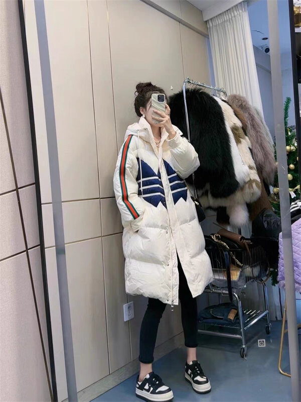 Contrast Striped Patchwork Hooded Down Jacket for Women's Winter New Fashion Mid Length Knee  White Duck Down Jacket