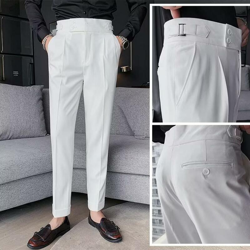 Męskie spodnie eleganckie męski formalny garnitur biznesowy spodnie z dopasowanymi dopasowanymi prostymi nogawkami z wysokim stanem Vintage, z kieszeniami dla ubranie biurowe