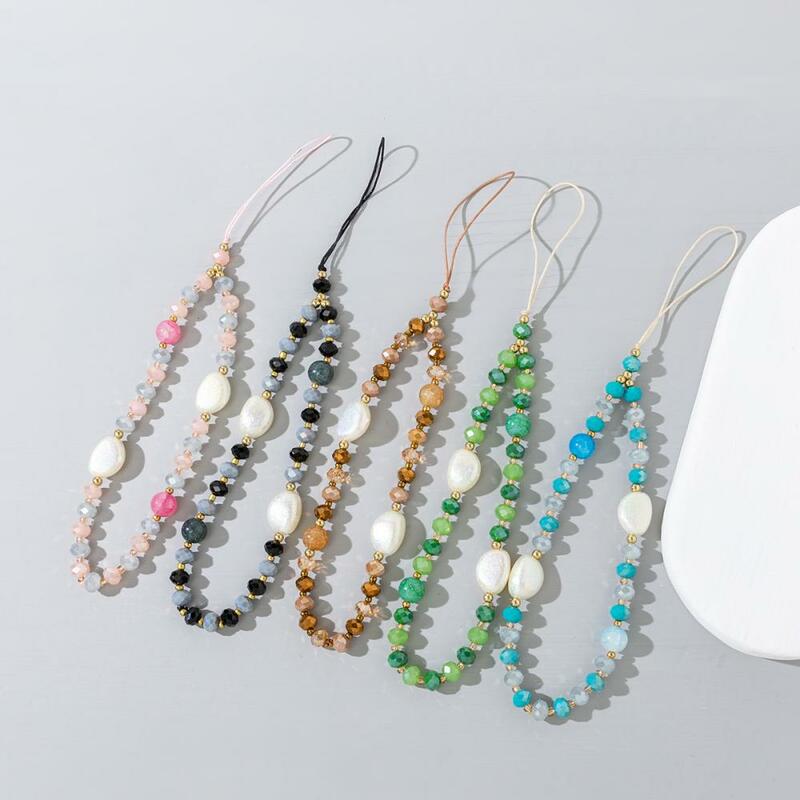 Cadena de teléfono móvil con cuentas de perlas de cristal coloridas para mujeres y niñas, cordón colgante antipérdida, joyería creativa, venta al por mayor
