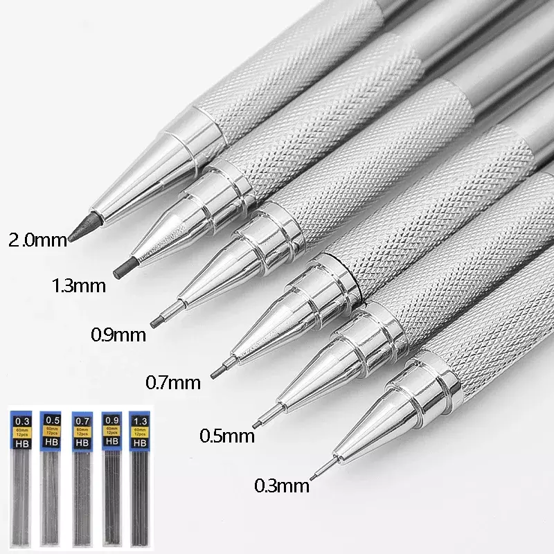 Metalowy ołówek automatyczny automatyczny zestaw ołówek HB do rysowania 0.3/0.5/0.7/0.9/1.3/2.0mm z przewodami biurowymi szkolnymi artykułami do pisania