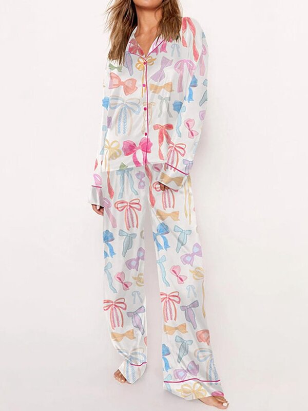 Conjunto de pijama de satén con estampado de lazo para mujer, camisa de manga larga con botones y pantalones, 2 piezas