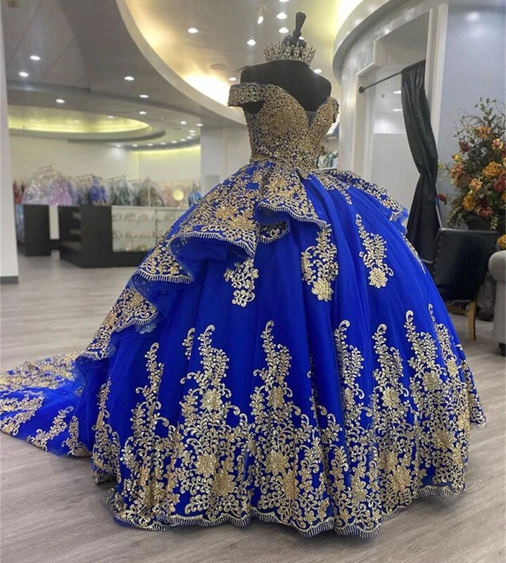 ثوب الكرة الملكي الأزرق Quinceanera ، مزخرف من التول على الكتف ، 16 فستان حلو ، 15 سنة مكسيكي