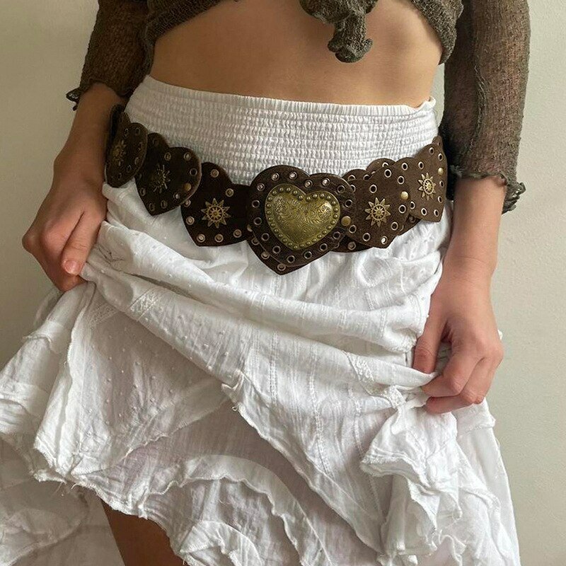 Brown Pinned Belt Y2k Accessories Decorated with White Love Hearts Bohemian Style Retro PU Leather Waist Belt for Girls