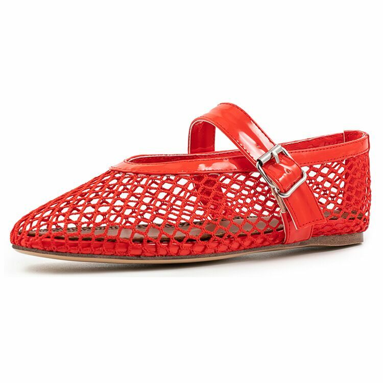 Sapatos Mary Jane de malha oca para mulheres, alça de fivela, cabeça redonda grande, balé confortável, respirável, sandálias planas, verão 2022