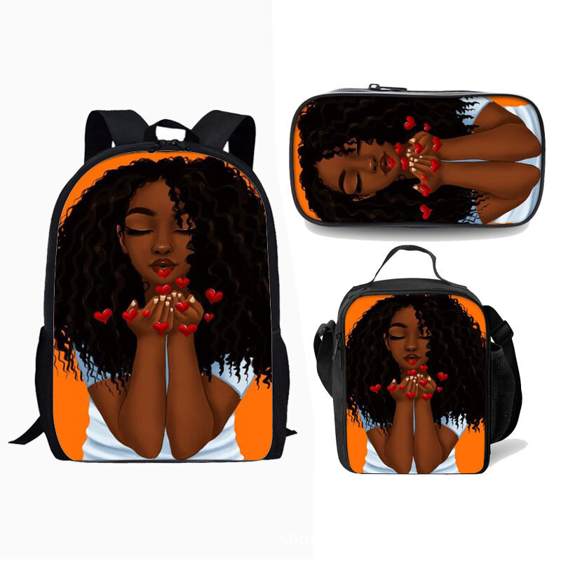 클래식 노벨티 흑인 소녀 아프리카 소녀 3D 인쇄 학생 학교 가방 노트북 데이팩 배낭 점심 가방 연필 케이스, 세트당 3 개