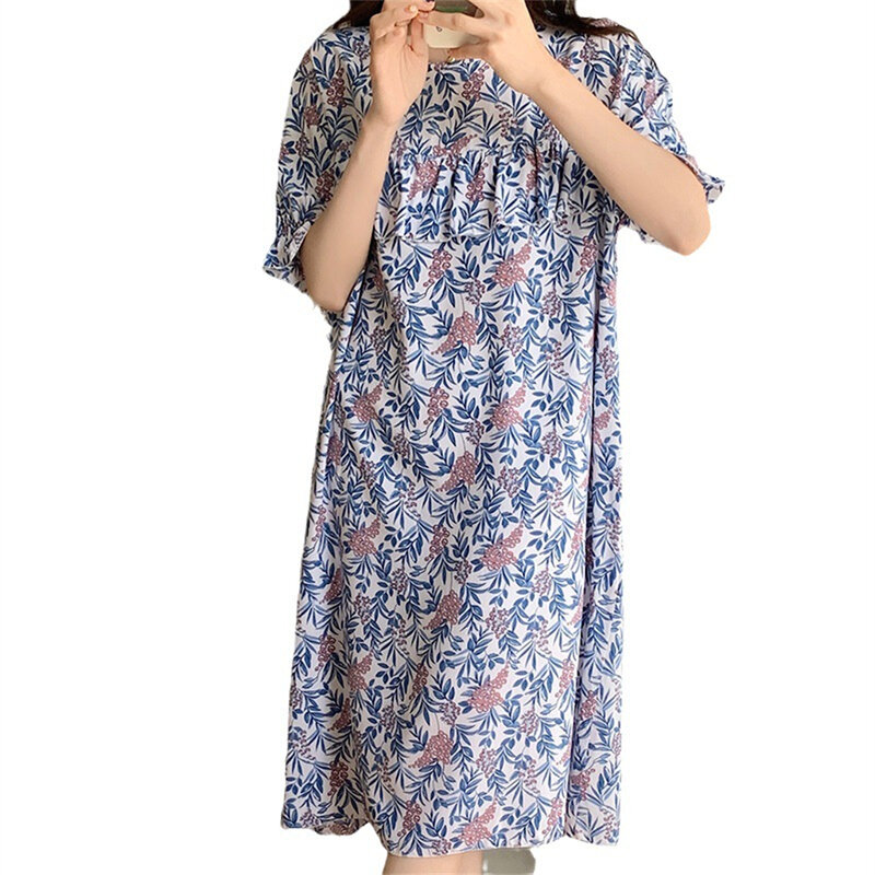 여성용 얇은 홈 원피스, 대형 사이즈 루즈 캐주얼 비스코스 파자마 프린트 잠옷, 편안한 잠옷 홈웨어, 여름