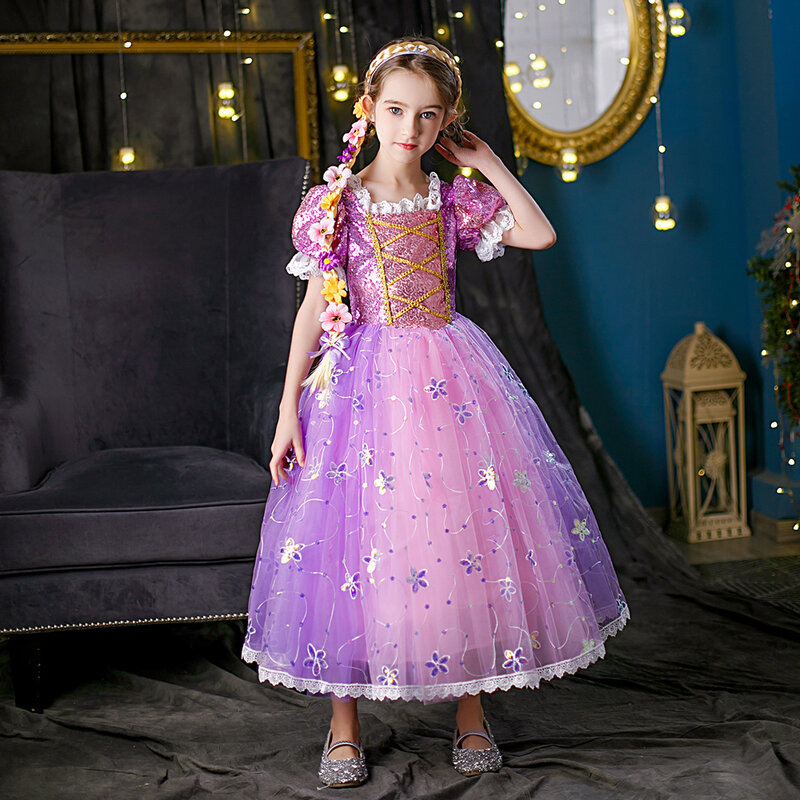 فستان الأميرة رابونزيل للأطفال ، زي تنكري للهالوين ، ترتر أرجواني ، ملابس شبكية ، هدية حفلة عيد ميلاد ، فتاة