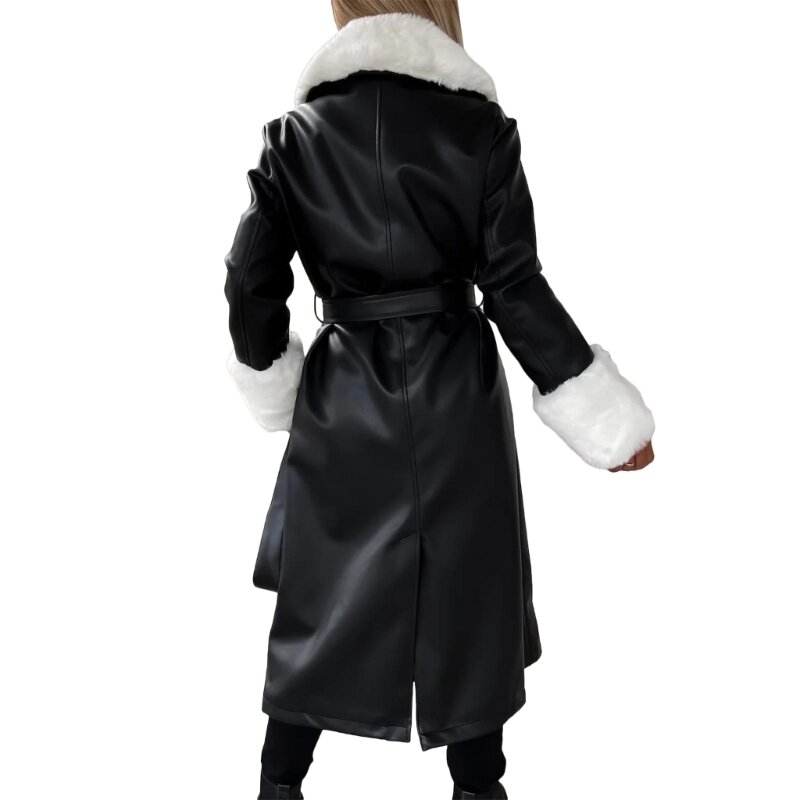 Eleganter, langärmliger, langer Mantel mit Pelzkragen und Taschen, modischer Damenpullover