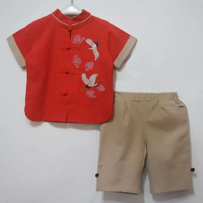 15 New Summer Chinese Traditional Boys' Tang Suit Casual Cotton Linen Short Sleeved Shirt Pants Two Piece Children's Hanfu Suit